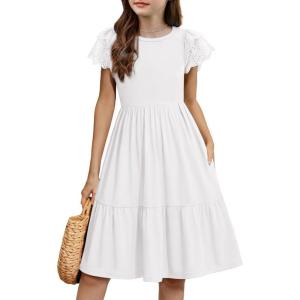 Arshiner Girls Summer Dresses Casual Flutter Sleeve A-Line Midi Dress with Pockets for 6-14 Years(White)