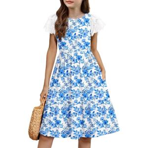 Arshiner Girls Summer Dresses Casual Flutter Sleeve A-Line Midi Dress with Pockets for 6-14 Years(White With Flower)