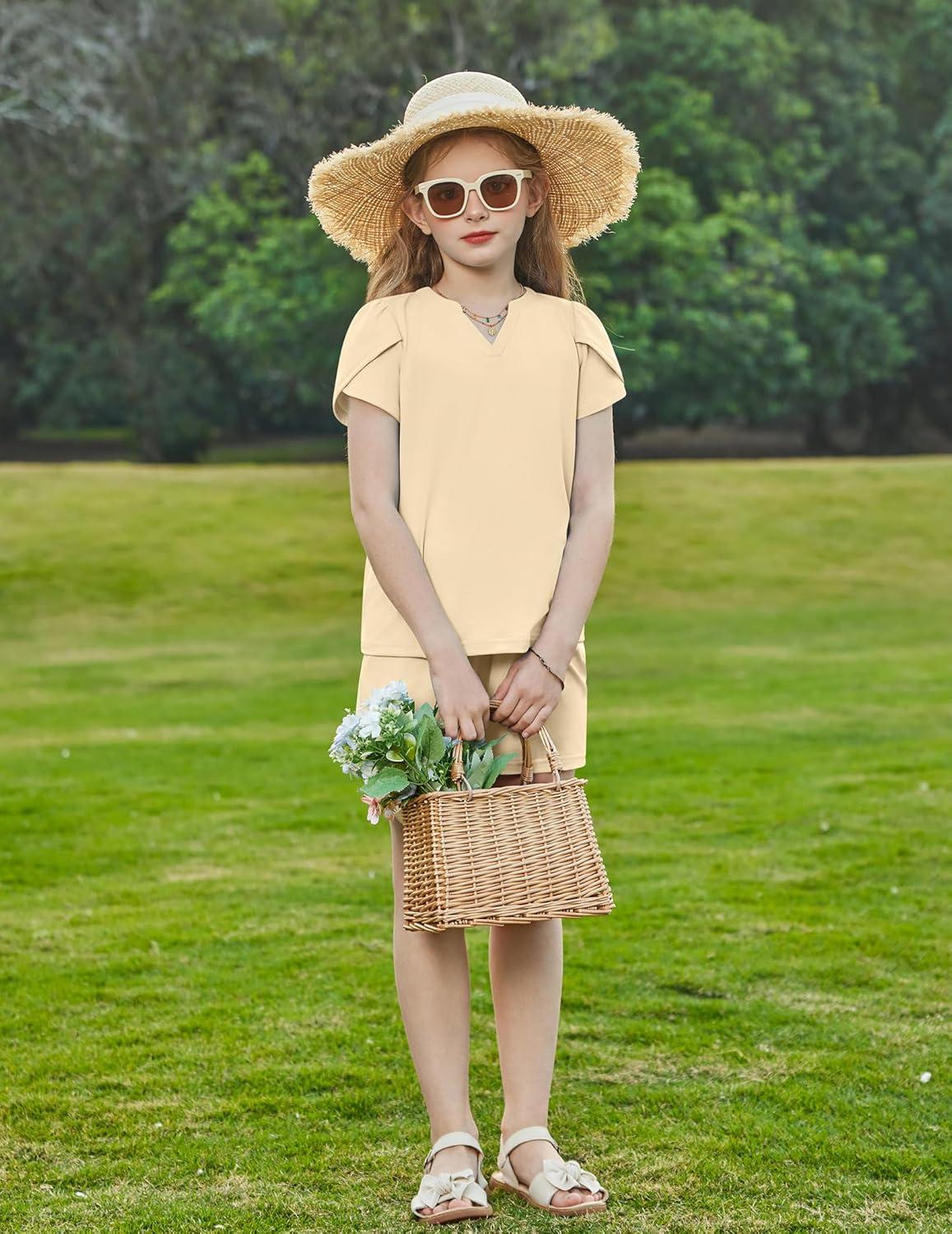 image:imageArshiner Girls 2 Piece Outfits Summer Clothes VNeck Petal Short Sleeve Tops and Shorts with Pockets Kids Clothing SetBeige