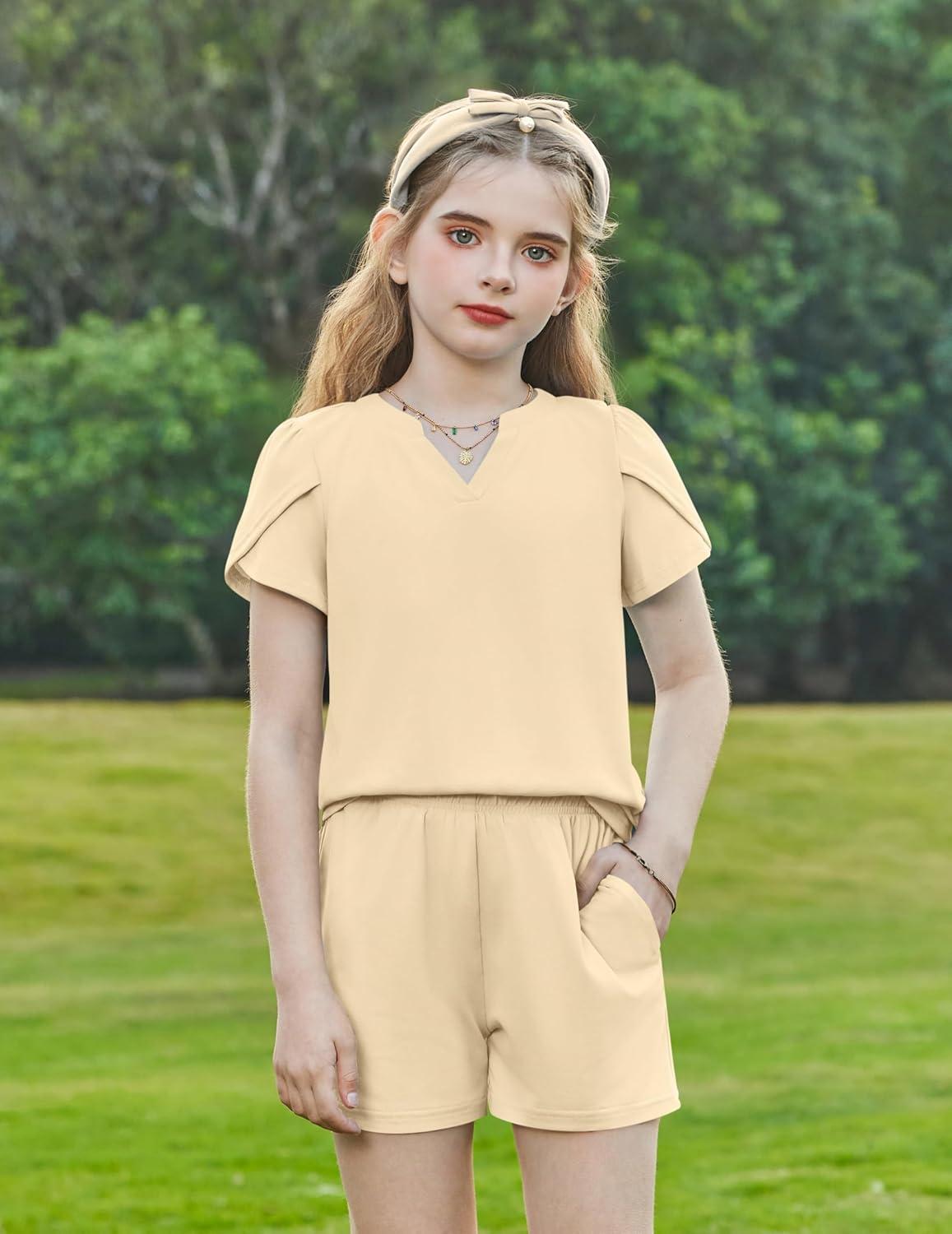 image:imageArshiner Girls 2 Piece Outfits Summer Clothes VNeck Petal Short Sleeve Tops and Shorts with Pockets Kids Clothing SetBeige