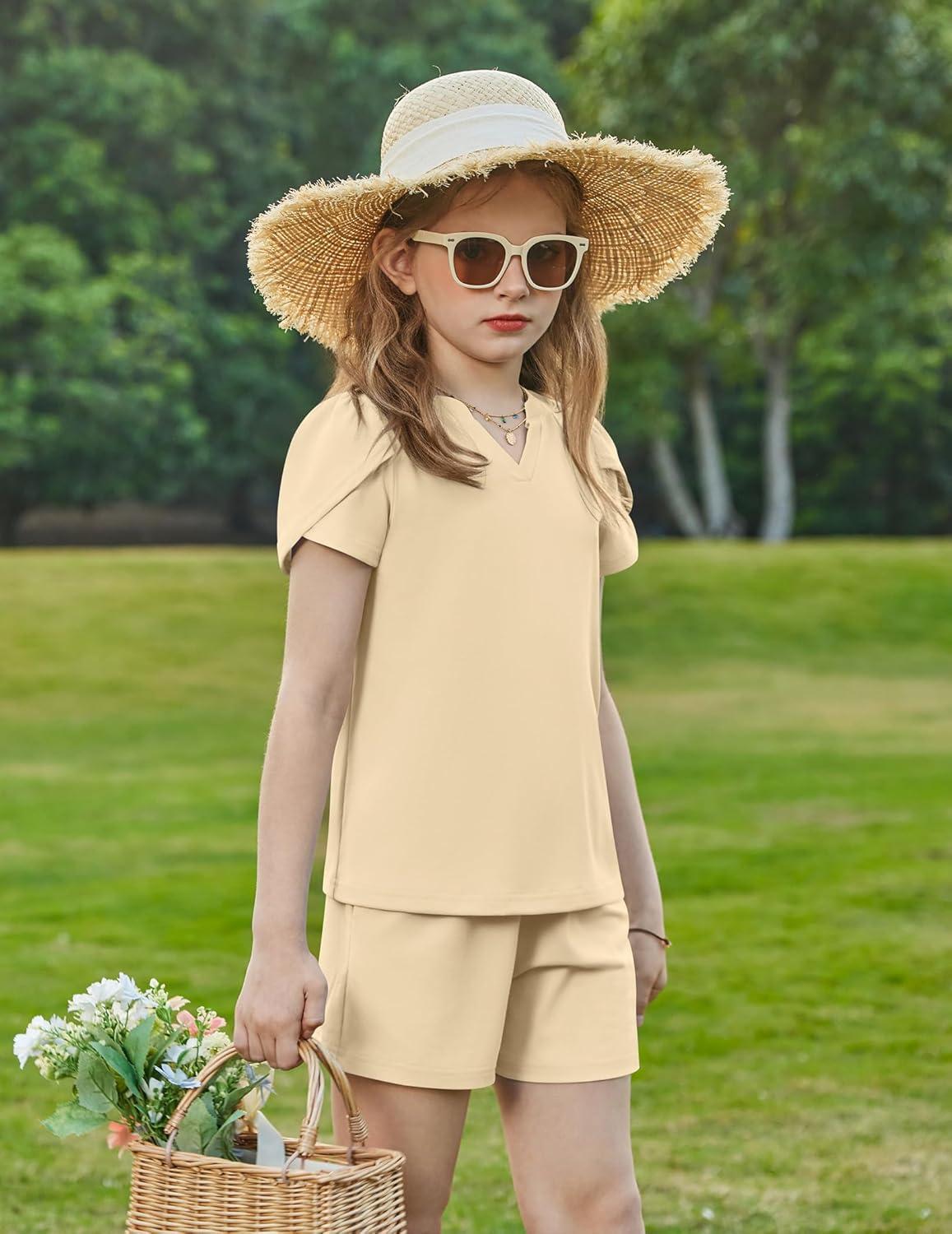 image:imageArshiner Girls 2 Piece Outfits Summer Clothes VNeck Petal Short Sleeve Tops and Shorts with Pockets Kids Clothing SetBeige