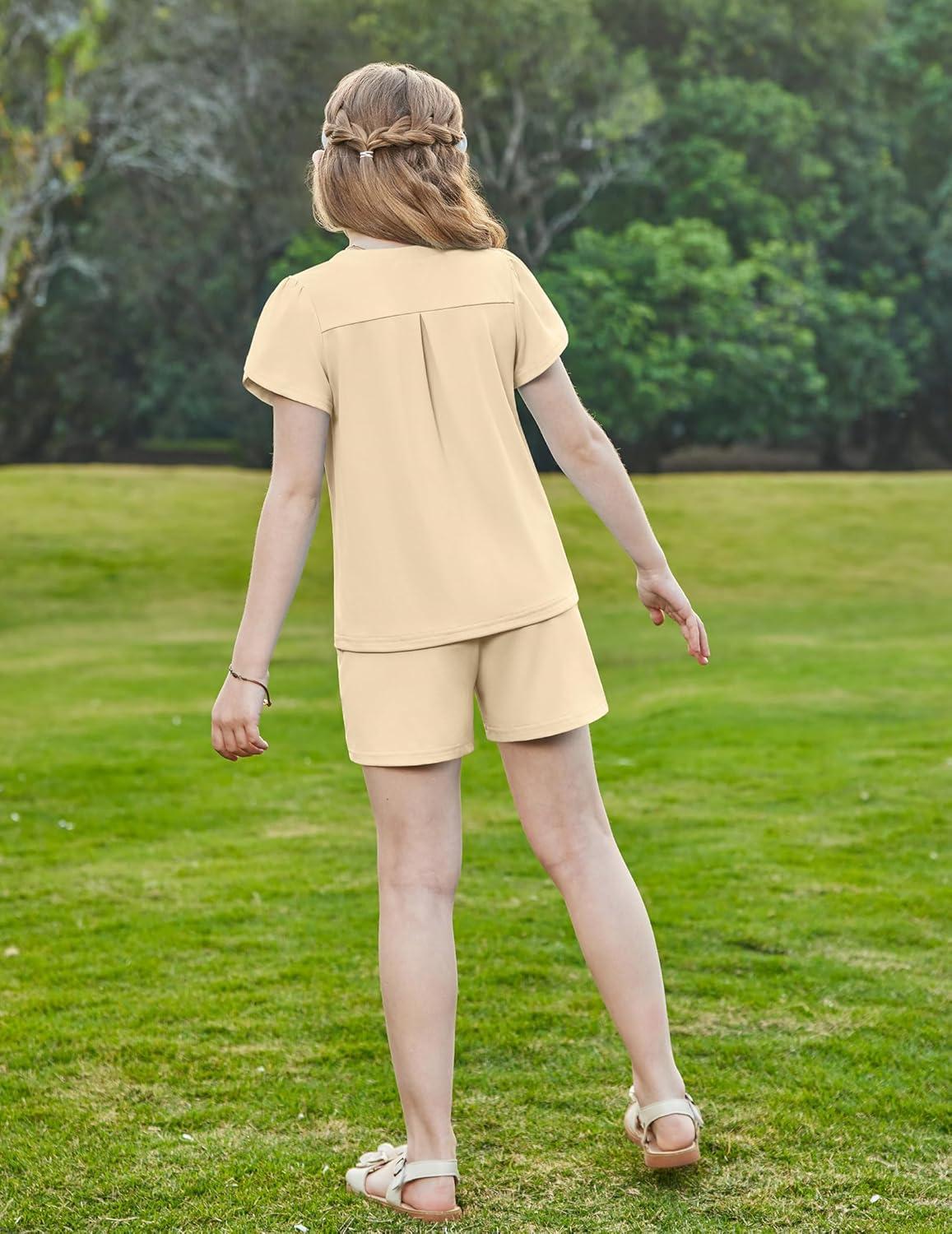 image:imageArshiner Girls 2 Piece Outfits Summer Clothes VNeck Petal Short Sleeve Tops and Shorts with Pockets Kids Clothing SetBeige