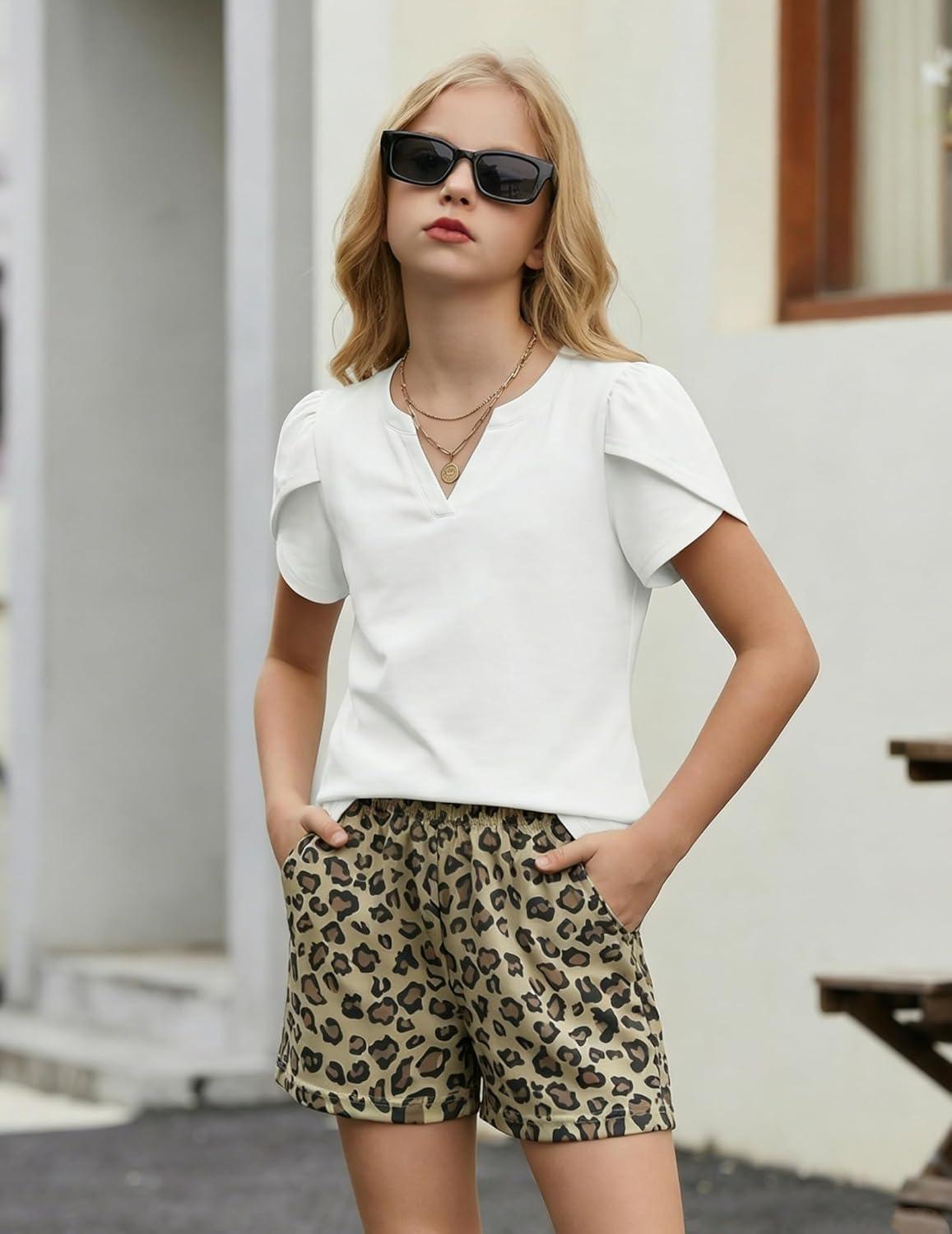 image:imageArshiner Girls 2 Piece Outfits Summer Clothes VNeck Petal Short Sleeve Tops and Shorts with Pockets Kids Clothing SetLeopard