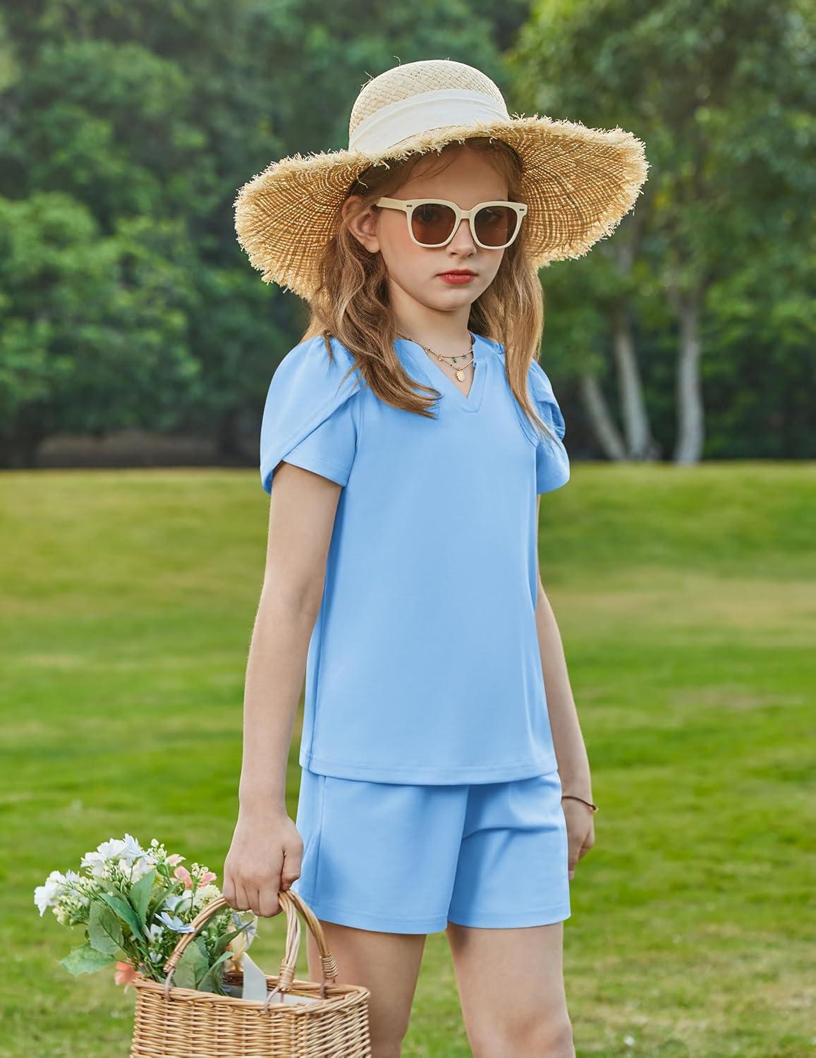 image:imageArshiner Girls 2 Piece Outfits Summer Clothes VNeck Petal Short Sleeve Tops and Shorts with Pockets Kids Clothing SetLight Blue