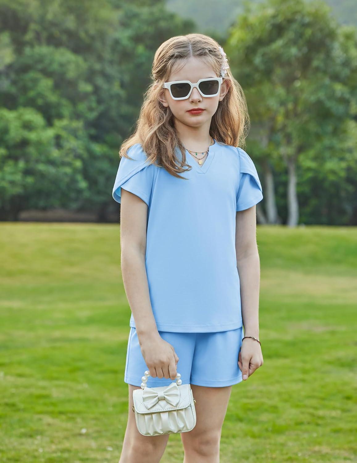 image:imageArshiner Girls 2 Piece Outfits Summer Clothes VNeck Petal Short Sleeve Tops and Shorts with Pockets Kids Clothing SetLight Blue