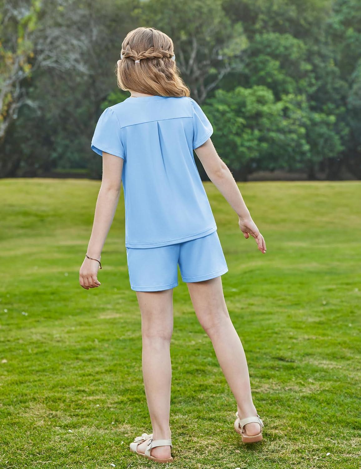 image:imageArshiner Girls 2 Piece Outfits Summer Clothes VNeck Petal Short Sleeve Tops and Shorts with Pockets Kids Clothing SetLight Blue