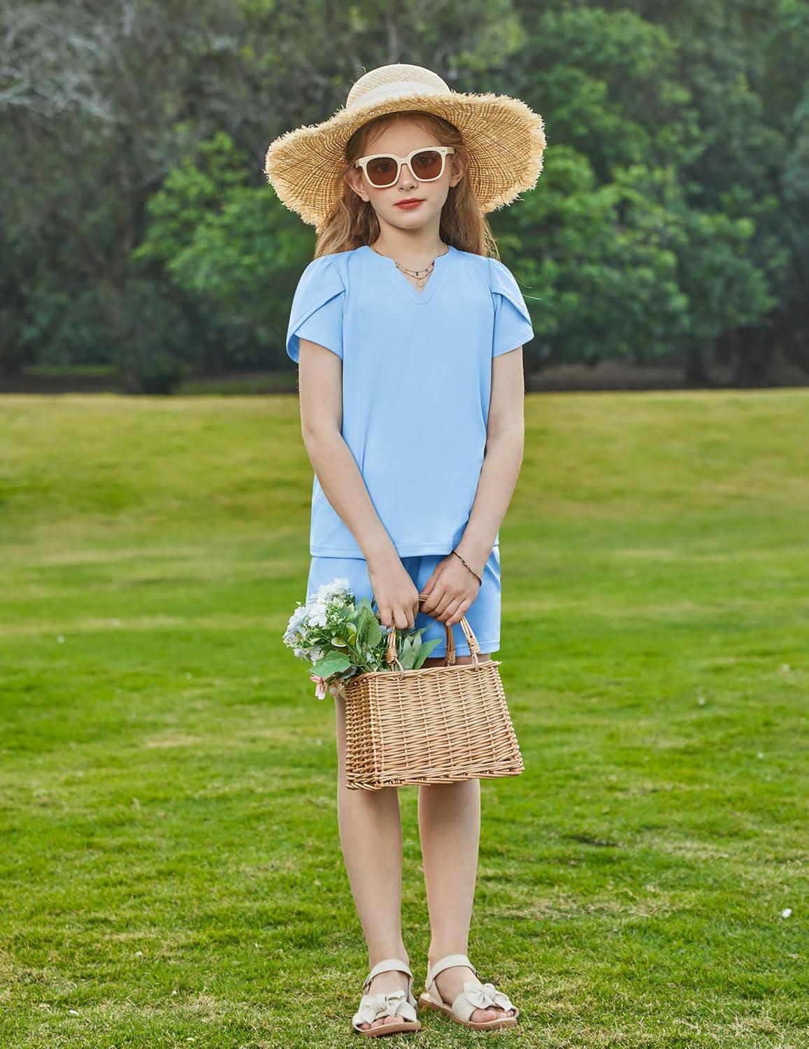 image:imageArshiner Girls 2 Piece Outfits Summer Clothes VNeck Petal Short Sleeve Tops and Shorts with Pockets Kids Clothing SetLight Blue
