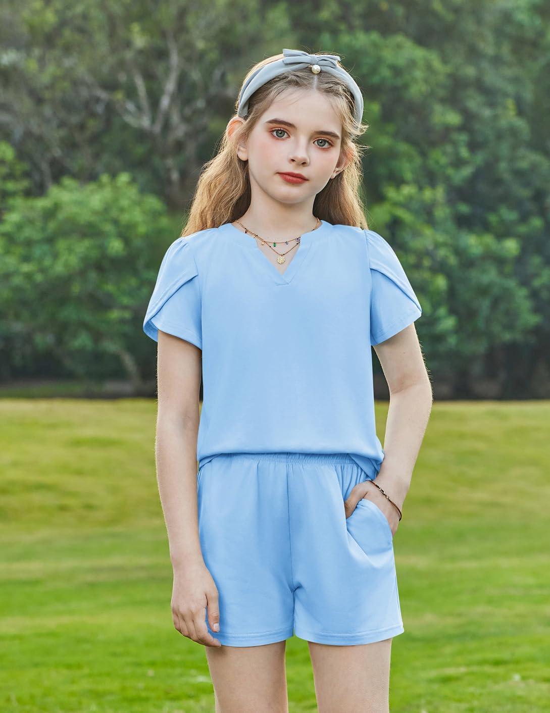 image:imageArshiner Girls 2 Piece Outfits Summer Clothes VNeck Petal Short Sleeve Tops and Shorts with Pockets Kids Clothing SetLight Blue