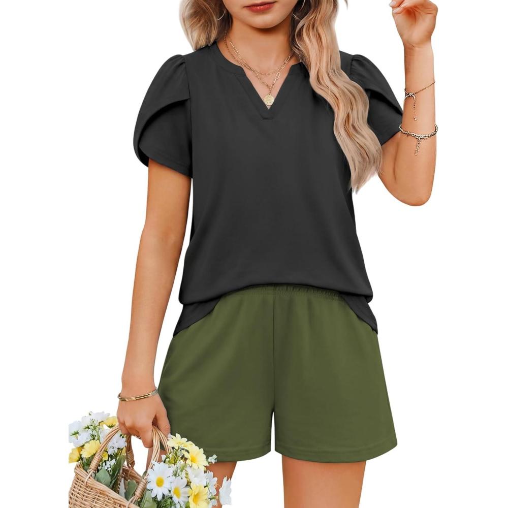 image:imageArshiner Girls 2 Piece Outfits Summer Clothes VNeck Petal Short Sleeve Tops and Shorts with Pockets Kids Clothing SetBlackarmy Green