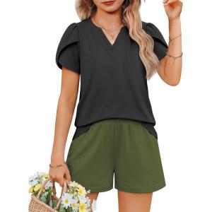 Arshiner Girls 2 Piece Outfits Summer Clothes V-Neck Petal Short Sleeve Tops and Shorts with Pockets Kids Clothing Set(Black&army Green)