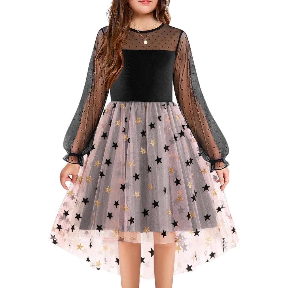 image:imageArshiner Girls Dresses Contrast Mesh Long Sleeve Twirly High Low Birthday Party Formal DressStar Black