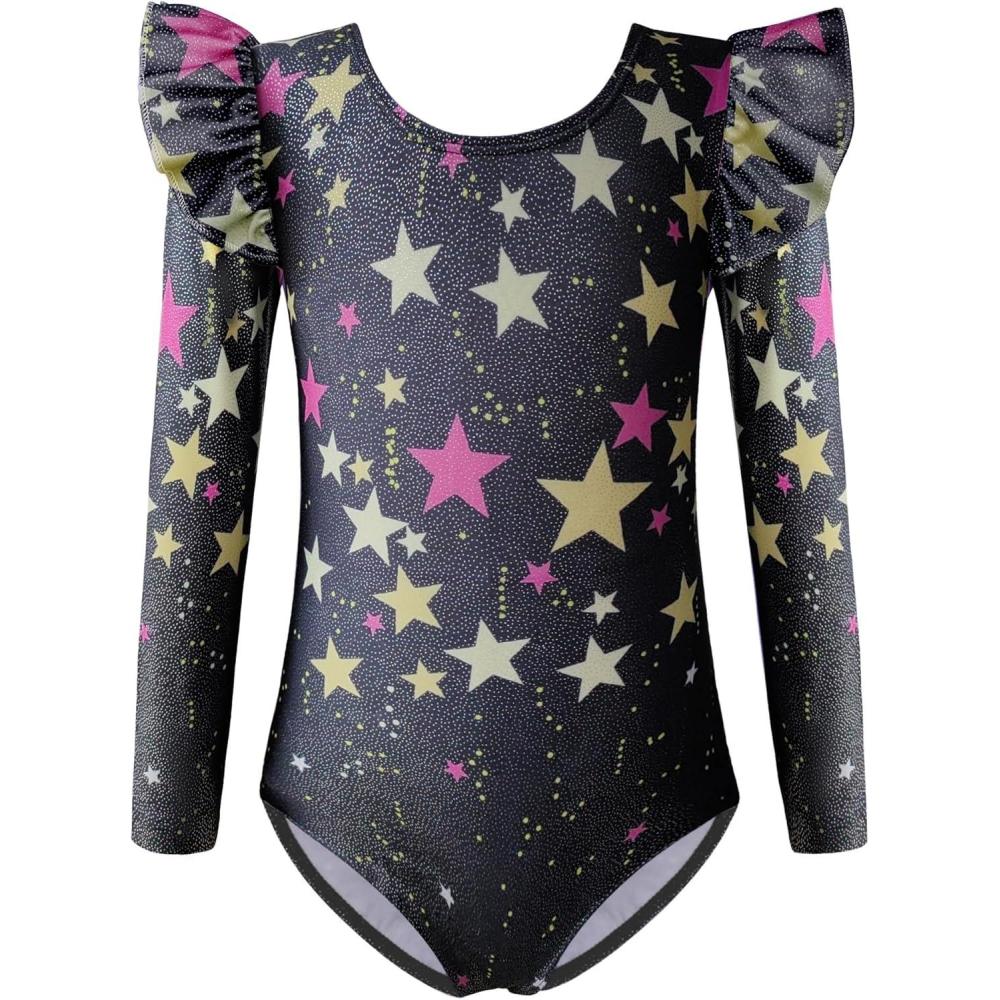 image:imageArshiner Girls Gymnastics Leotards Ruffle Long Sleeve Shimmer Ballet Unitard Dancewear for 310 YearsBlack Star