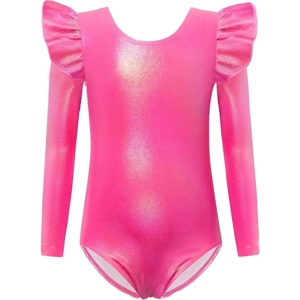 image:imageArshiner Girls Gymnastics Leotards Ruffle Long Sleeve Shimmer Ballet Unitard Dancewear for 310 YearsHot Pink