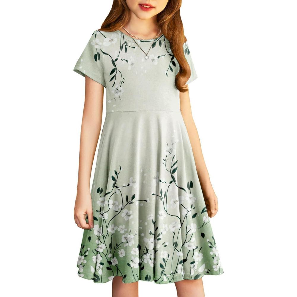 image:imageArshiner Girls Summer Dresses Short Sleeve Casual Holiday Skater Twirl Dress with PocketsFloral Green