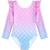 Arshiner Girls Gymnastics Leotards Ruffle Long Sleeve Shimmer Ballet Unitard Dancewear for 3-10 Years(Mermaid Pink Blue)