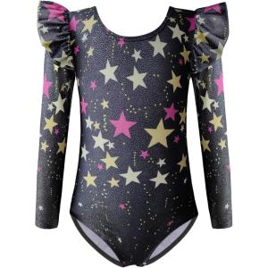 Arshiner Girls Gymnastics Leotards Ruffle Long Sleeve Shimmer Ballet Unitard Dancewear for 3-10 Years(Black Star)