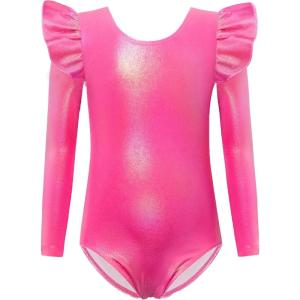 Arshiner Girls Gymnastics Leotards Ruffle Long Sleeve Shimmer Ballet Unitard Dancewear for 3-10 Years(Hot Pink)