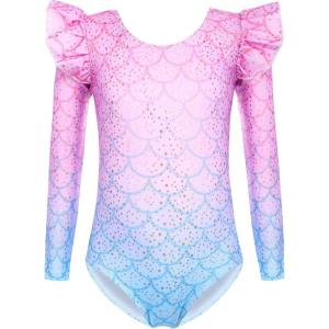 Arshiner Girls Gymnastics Leotards Ruffle Long Sleeve Shimmer Ballet Unitard Dancewear for 3-10 Years(Mermaid Pink Blue)