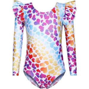 Arshiner Girls Gymnastics Leotards Ruffle Long Sleeve Shimmer Ballet Unitard Dancewear for 3-10 Years(Mulitcolor Heart)