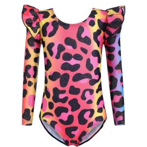 Arshiner Girls Gymnastics Leotards Ruffle Long Sleeve Shimmer Ballet Unitard Dancewear for 3-10 Years(Mulitcolor Leopards)