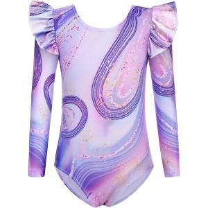Arshiner Girls Gymnastics Leotards Ruffle Long Sleeve Shimmer Ballet Unitard Dancewear for 3-10 Years(Purple Marble)