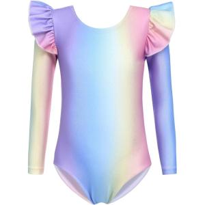Arshiner Girls Gymnastics Leotards Ruffle Long Sleeve Shimmer Ballet Unitard Dancewear for 3-10 Years(Rainbow)