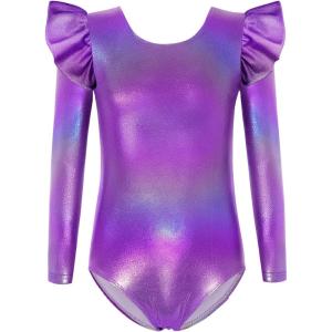 Arshiner Girls Gymnastics Leotards Ruffle Long Sleeve Shimmer Ballet Unitard Dancewear for 3-10 Years(Sparkly Purple)