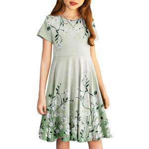 Arshiner Girl’s Summer Dresses Short Sleeve Casual Holiday Skater Twirl Dress with Pockets(Floral Green)