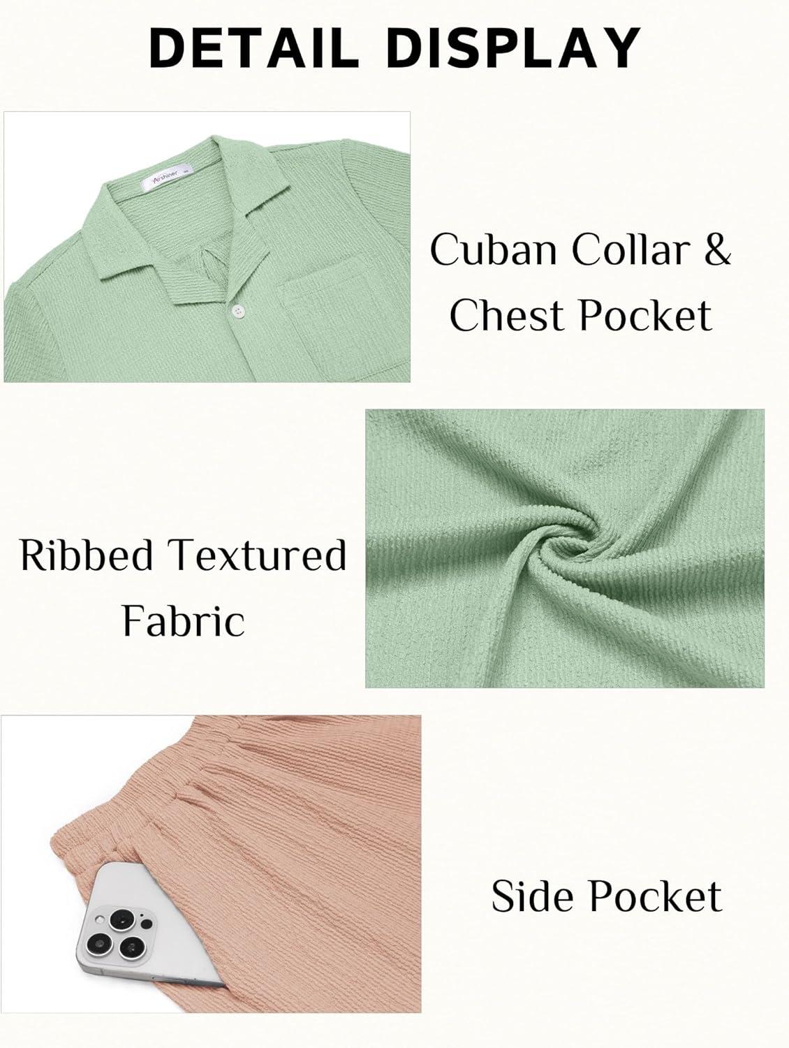 image:imageArshiner Boys 2Piece Ribbed Textured Outfits Short Sleeve Cuban Collar Shirt amp Shorts Set Summer Beach Clothes 412 YearsGreen Light Khaki