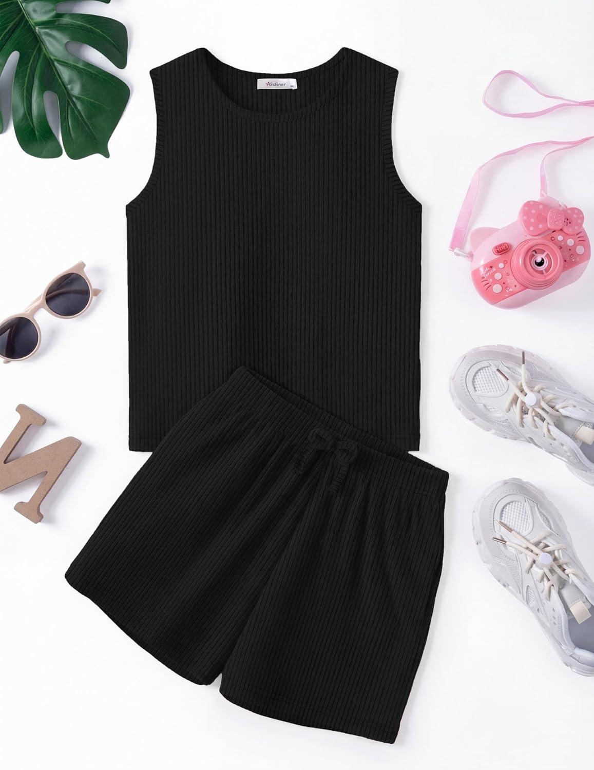 image:imageArshiner Girls 2 Piece Outfits Summer Short Sets Crewneck Sleeveless Knit Tops and Shorts with Pockets Athletic Clothing SetBlack