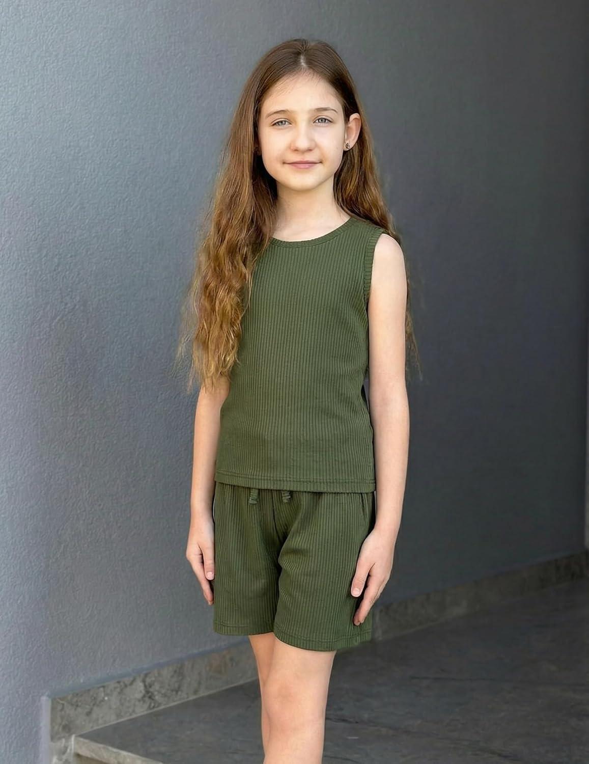 image:imageArshiner Girls 2 Piece Outfits Summer Short Sets Crewneck Sleeveless Knit Tops and Shorts with Pockets Athletic Clothing SetDark Army Green