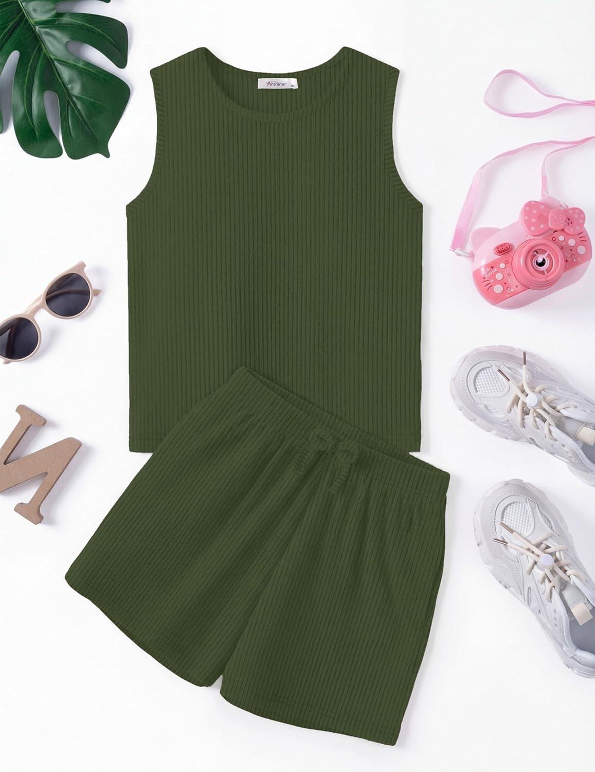image:imageArshiner Girls 2 Piece Outfits Summer Short Sets Crewneck Sleeveless Knit Tops and Shorts with Pockets Athletic Clothing SetDark Army Green