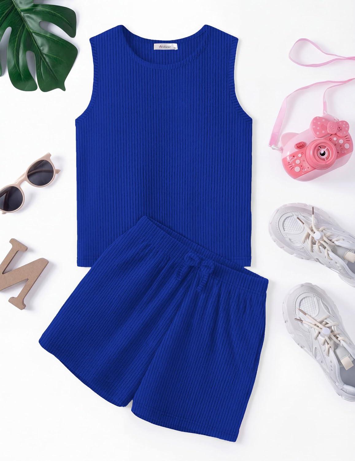 image:imageArshiner Girls 2 Piece Outfits Summer Short Sets Crewneck Sleeveless Knit Tops and Shorts with Pockets Athletic Clothing SetDark Blue