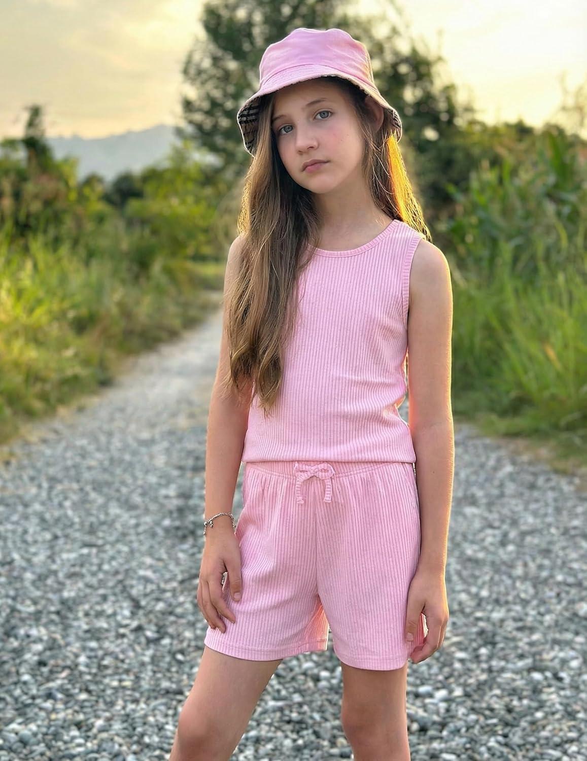 image:imageArshiner Girls 2 Piece Outfits Summer Short Sets Crewneck Sleeveless Knit Tops and Shorts with Pockets Athletic Clothing SetDark Pink