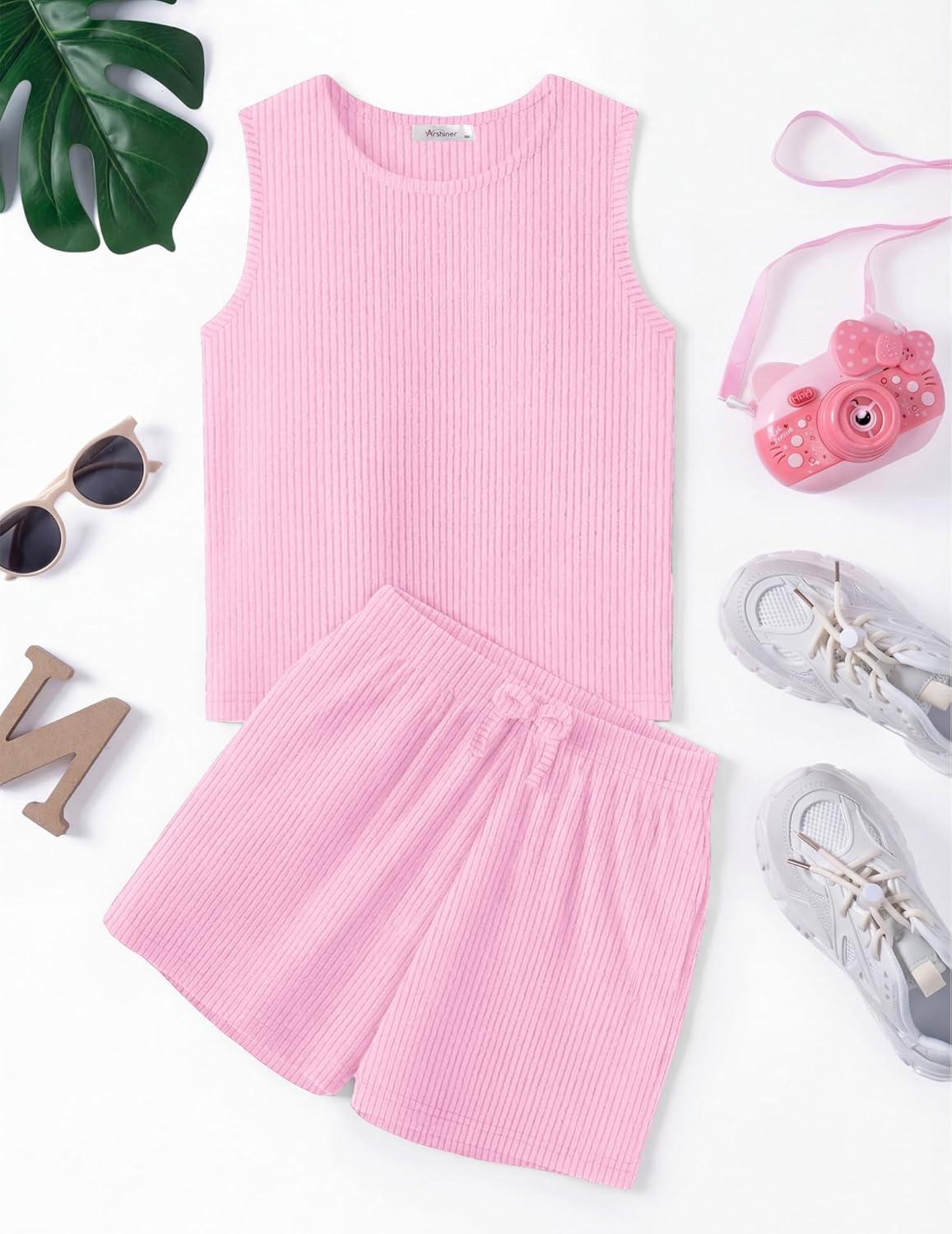 image:imageArshiner Girls 2 Piece Outfits Summer Short Sets Crewneck Sleeveless Knit Tops and Shorts with Pockets Athletic Clothing SetDark Pink