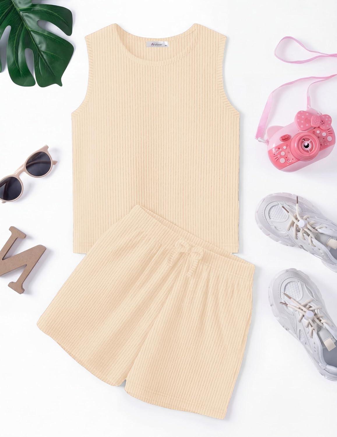 image:imageArshiner Girls 2 Piece Outfits Summer Short Sets Crewneck Sleeveless Knit Tops and Shorts with Pockets Athletic Clothing SetLight Brown