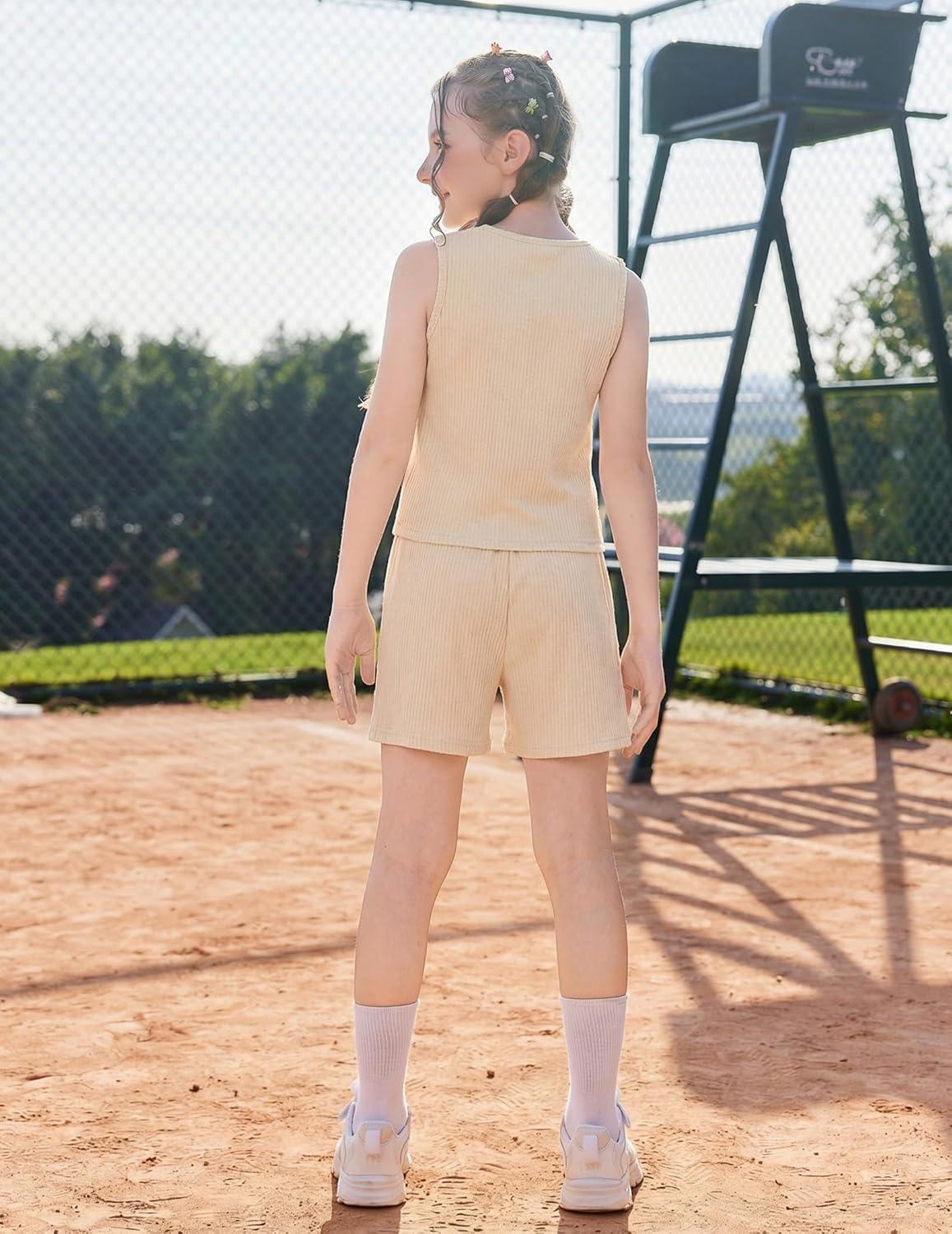 image:imageArshiner Girls 2 Piece Outfits Summer Short Sets Crewneck Sleeveless Knit Tops and Shorts with Pockets Athletic Clothing SetLight Brown