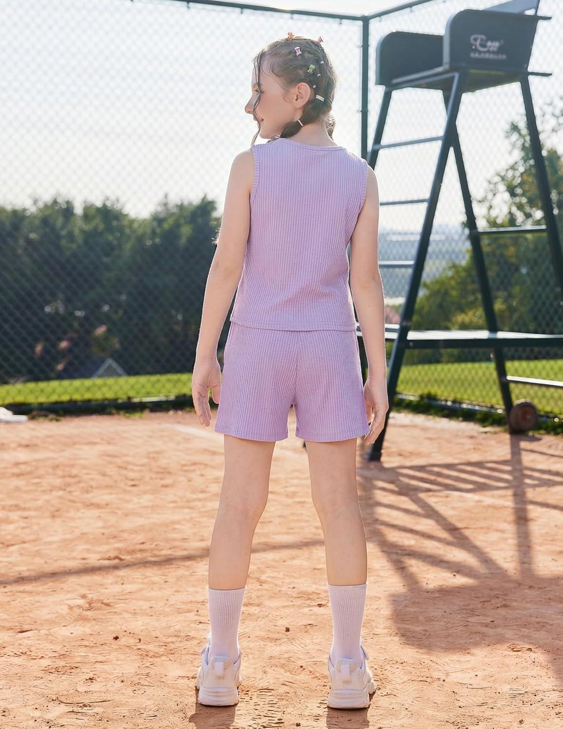 image:imageArshiner Girls 2 Piece Outfits Summer Short Sets Crewneck Sleeveless Knit Tops and Shorts with Pockets Athletic Clothing SetLight Purple