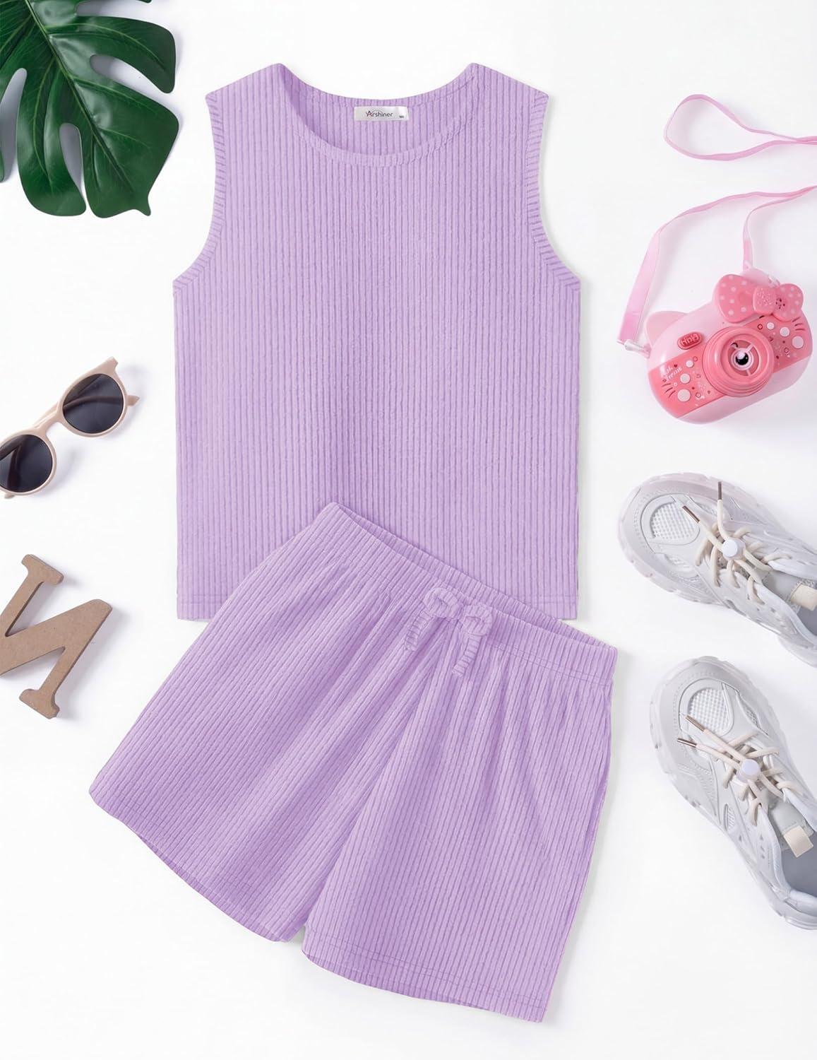 image:imageArshiner Girls 2 Piece Outfits Summer Short Sets Crewneck Sleeveless Knit Tops and Shorts with Pockets Athletic Clothing SetLight Purple