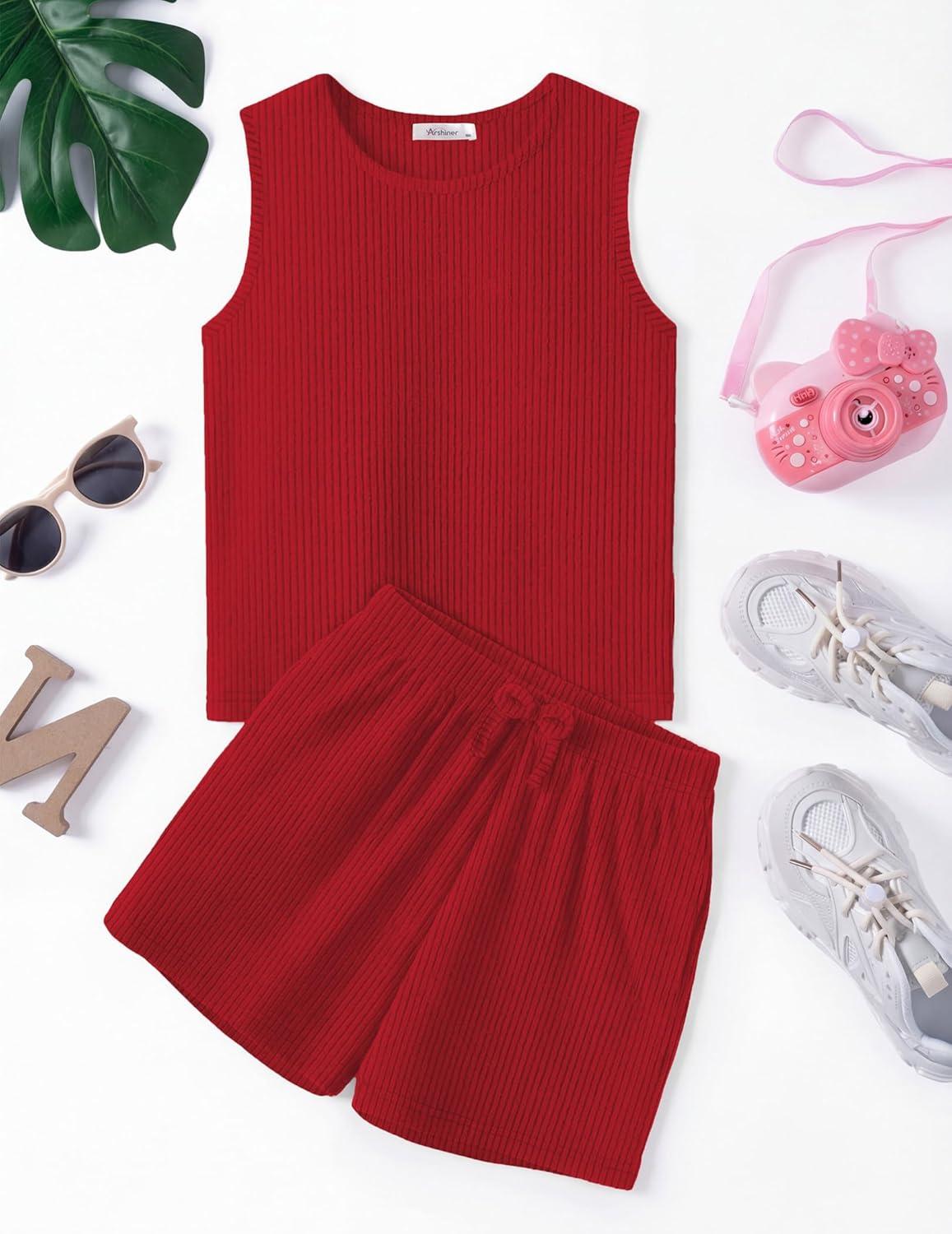 image:imageArshiner Girls 2 Piece Outfits Summer Short Sets Crewneck Sleeveless Knit Tops and Shorts with Pockets Athletic Clothing SetRed