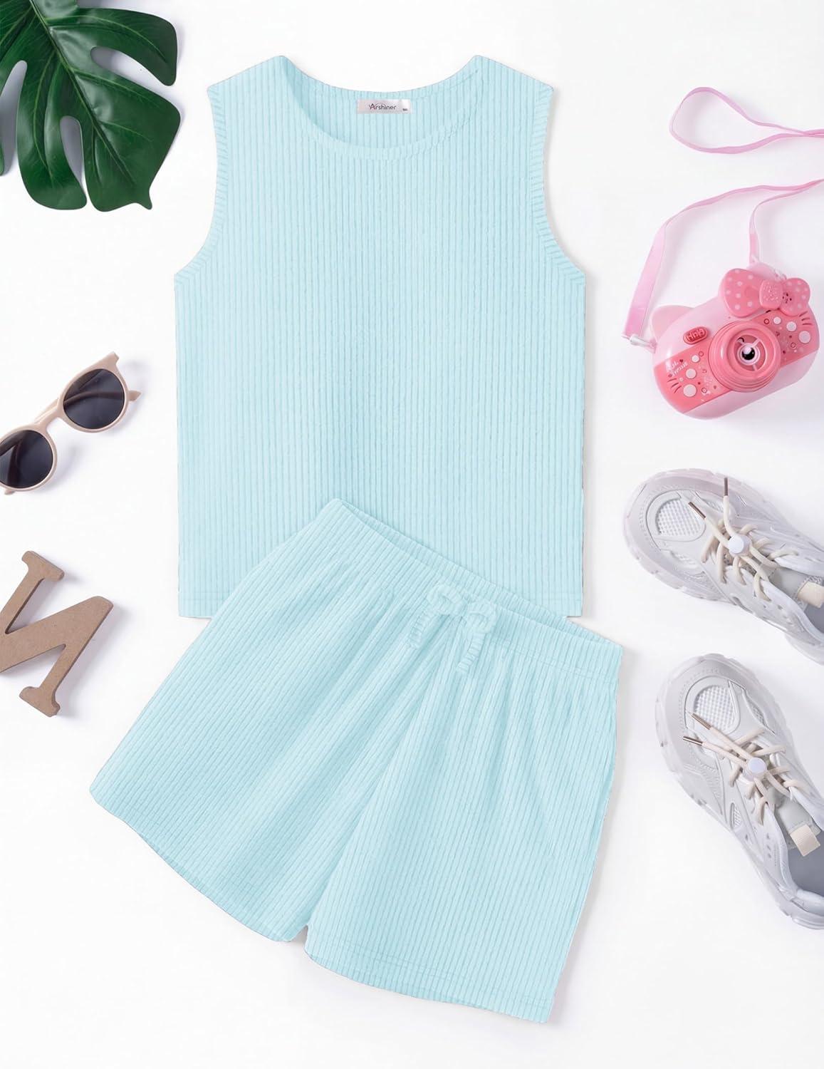image:imageArshiner Girls 2 Piece Outfits Summer Short Sets Crewneck Sleeveless Knit Tops and Shorts with Pockets Athletic Clothing SetSky Blue