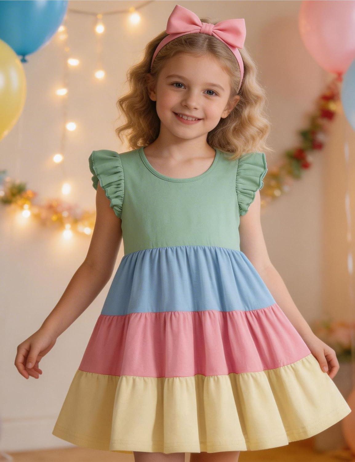 image:imageArshiner Toddler Dress Girls Summer Ruffle Sleeve Tiered Swing Midi Casual Sundress with PocketsGreen Blue Pink