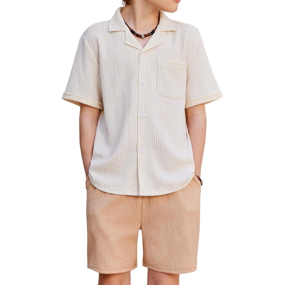 image:imageArshiner Boys 2Piece Ribbed Textured Outfits Short Sleeve Cuban Collar Shirt amp Shorts Set Summer Beach Clothes 412 YearsBeige Stripes