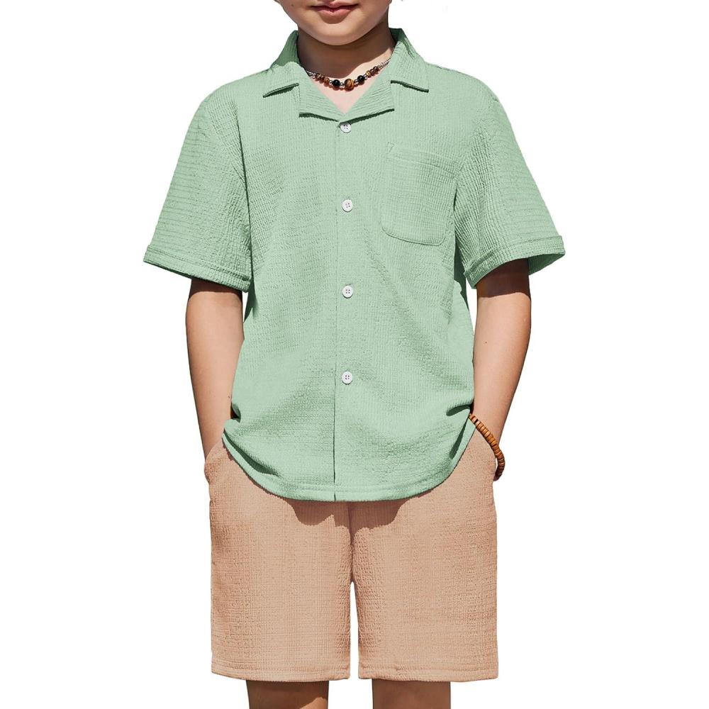 image:imageArshiner Boys 2Piece Ribbed Textured Outfits Short Sleeve Cuban Collar Shirt amp Shorts Set Summer Beach Clothes 412 YearsGreen  Light Khaki