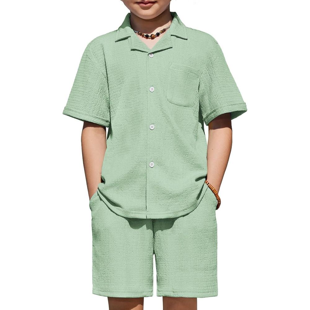 image:imageArshiner Boys 2Piece Ribbed Textured Outfits Short Sleeve Cuban Collar Shirt amp Shorts Set Summer Beach Clothes 412 YearsGreen