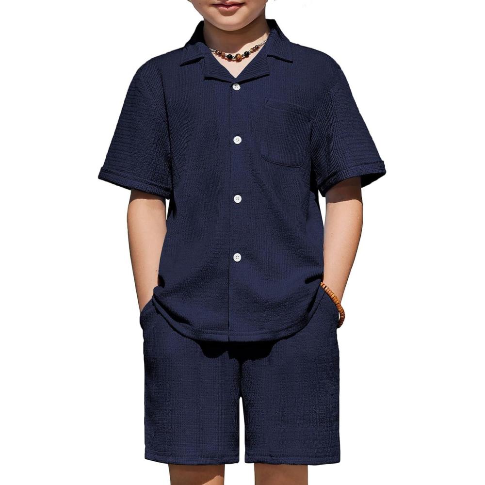 image:imageArshiner Boys 2Piece Ribbed Textured Outfits Short Sleeve Cuban Collar Shirt amp Shorts Set Summer Beach Clothes 412 YearsNavy Blue
