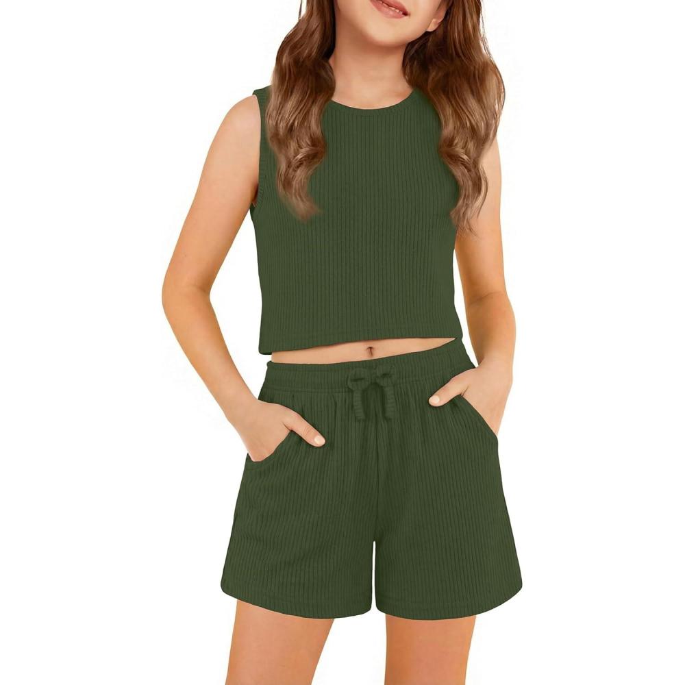 image:imageArshiner Girls 2 Piece Outfits Summer Short Sets Crewneck Sleeveless Knit Tops and Shorts with Pockets Athletic Clothing SetDark Army Green