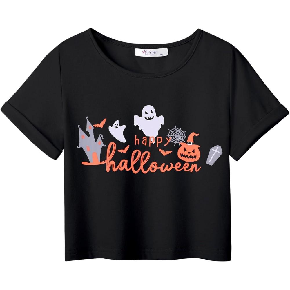 image:imageArshiner Girls Halloween Shirt Crop Top Short Sleeve Graphic T Shirt TeeBlack Ghost