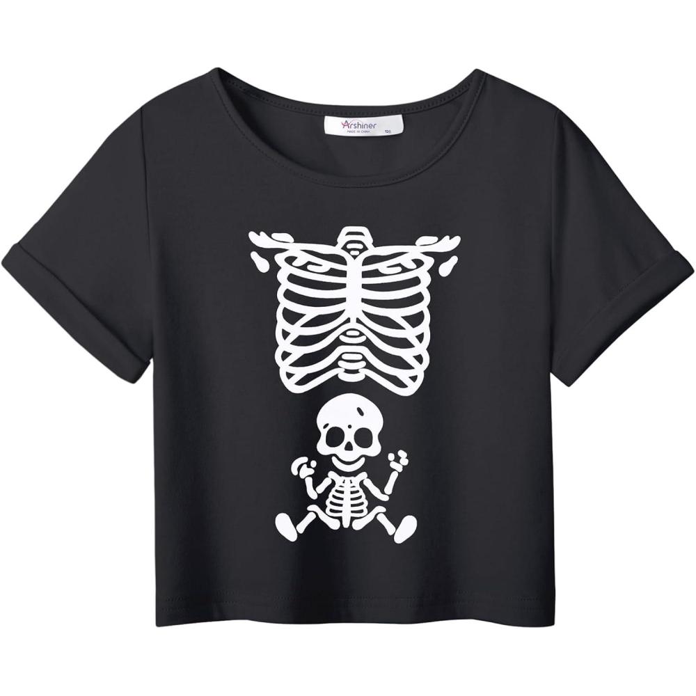 image:imageArshiner Girls Halloween Shirt Crop Top Short Sleeve Graphic T Shirt TeeBlack Skeleton
