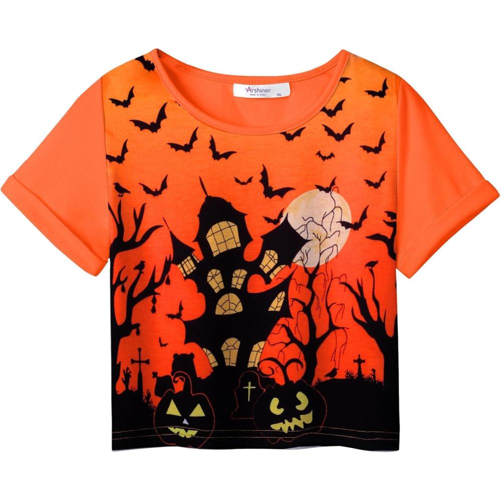 image:imageArshiner Girls Halloween Shirt Crop Top Short Sleeve Graphic T Shirt TeeOrange Castle